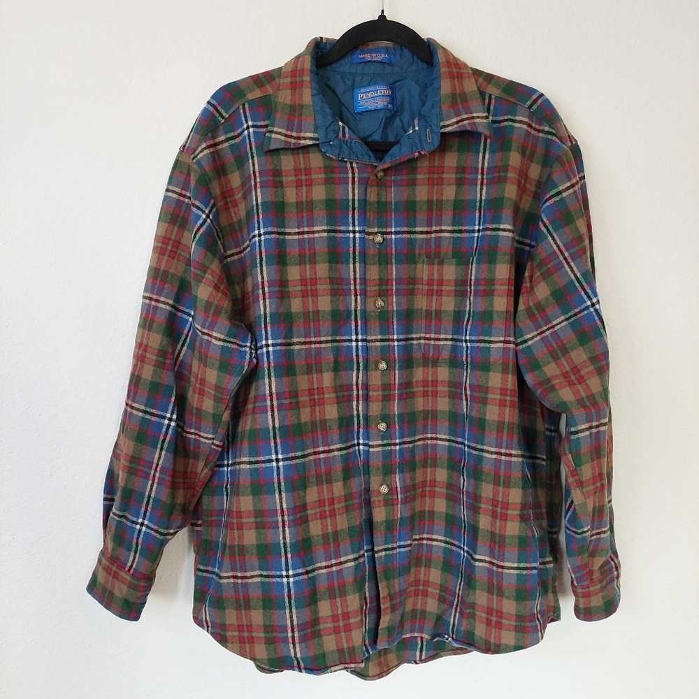 Pendleton Vintage Plaid Pure Virgin Wool Longsleeve Button Down Shirt‎ Size XL